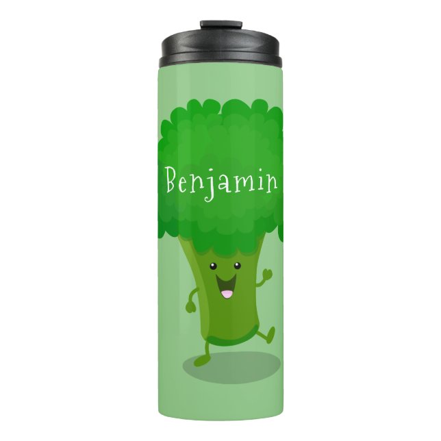 Cute kawaii dancing broccoli cartoon illustration thermal tumbler (Front)