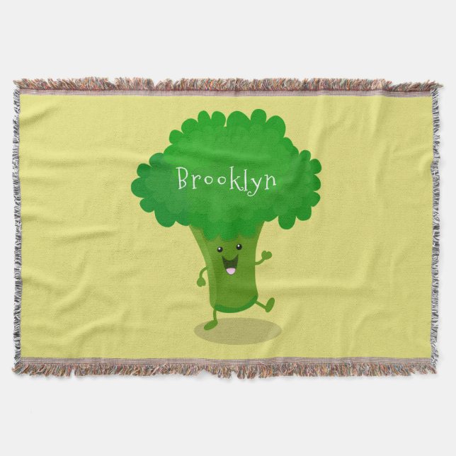 Cute kawaii dancing broccoli cartoon illustration throw blanket (Front)