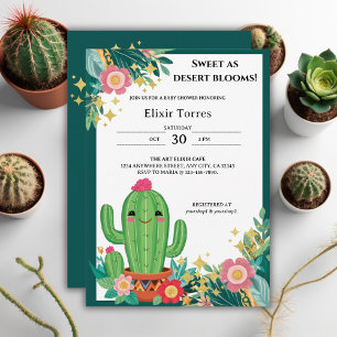 Cute Kawaii Desert Bloom Floral Cactus Baby Shower Invitation