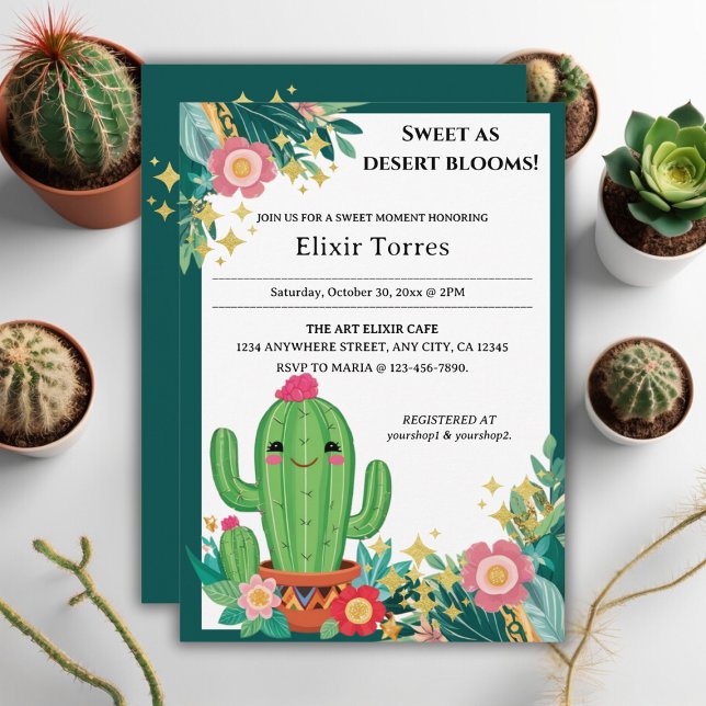 Cute Kawaii Desert Bloom Floral Cactus Baby Shower Invitation (Creator Uploaded)