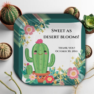 Cute Kawaii Desert Bloom Floral Cactus Baby Shower Paper Plate