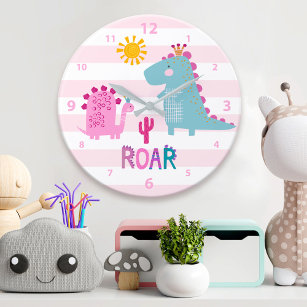 Cute Kawaii Dinosaur Girl Pink Nursery Fun Roar Large Clock