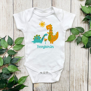 Cute Kawaii Dinosaurs Baby Boy Turquoise Name Baby Bodysuit