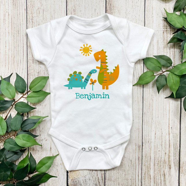 Cute Kawaii Dinosaurs Baby Boy Turquoise Name Baby Bodysuit (Creator Uploaded)