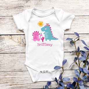 Cute Kawaii Dinosaurs Baby Girl Pink Custom Name Baby Bodysuit