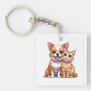Cute Kawaii Dog and Cat Cartoon Key Ring