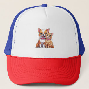 Cute Kawaii Dog and Cat Cartoon Trucker Hat