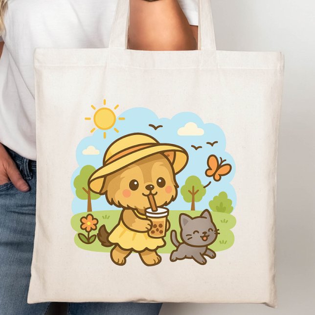 Cute Kawaii Dog Drinking Bubble Tea   Tote Bag (Creator Uploaded)