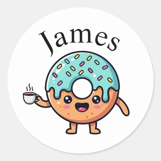 Cute Kawaii Donut Coffee Lover Personalized Sticke Classic Round Sticker (Front)