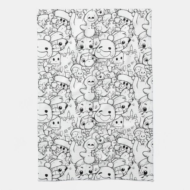 Cute Kawaii Doodle Characters (1) Tea Towel (Vertical)