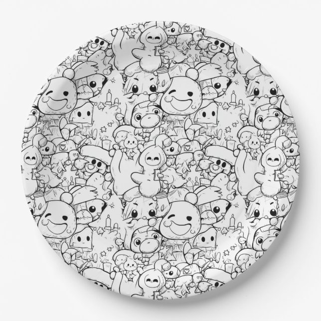 Cute Kawaii Doodle Characters Paper Plate (Front)