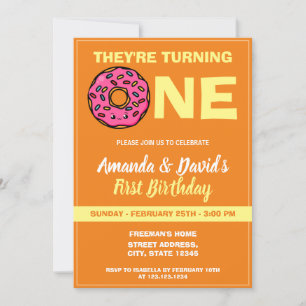 Cute Kawaii Doughnut Orange Joint Twin 1st Birthda Invitation