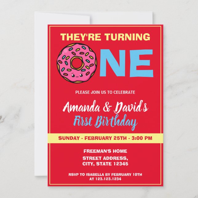 Cute Kawaii Doughnut Red Joint Twin 1st Birthday Invitation (Front)
