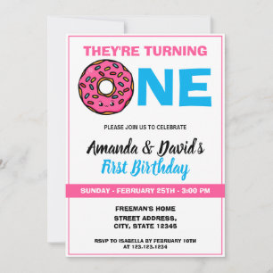 Cute Kawaii Doughnut White Joint Twin 1st Birthday Invitation