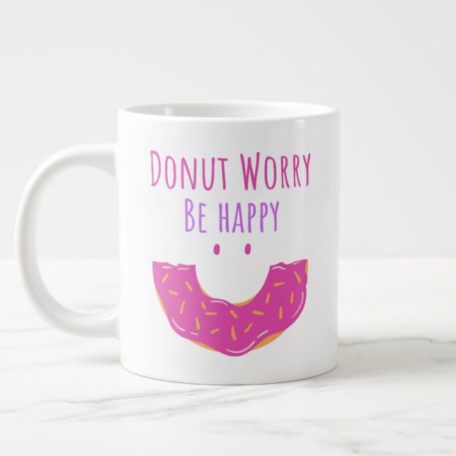 Cute Kawaii Doughnut Worry Be Happy Doughnut  Large Coffee Mug (Left)