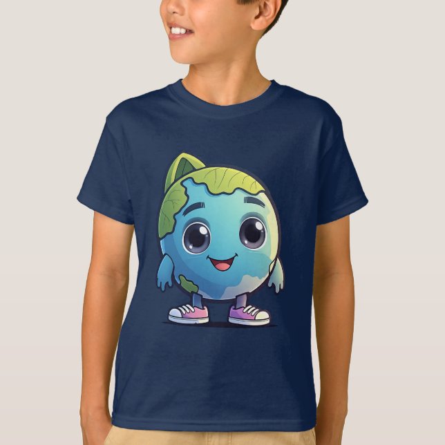 Cute Kawaii Earth Character T-Shirt for Kids (Front)