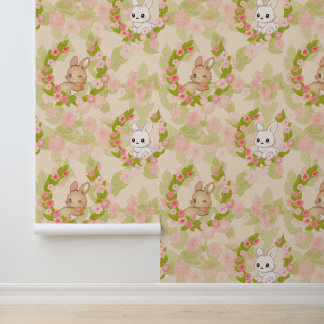Cute Kawaii Easter Bunny and Floral Wreath Seamles Wallpaper