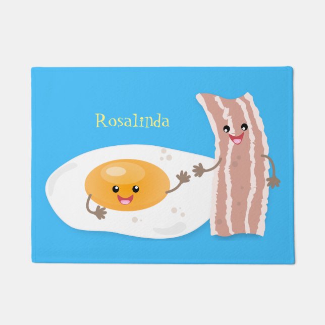 Cute kawaii egg and bacon cartoon illustration doormat (Front)