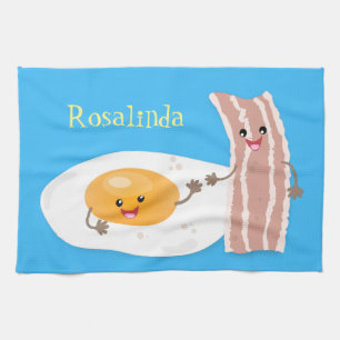 Cute kawaii egg and bacon cartoon illustration tea towel