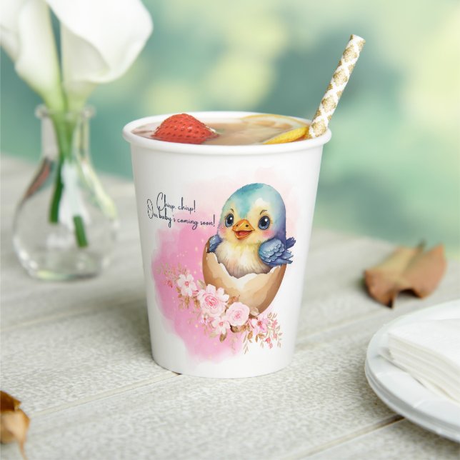 Cute Kawaii Egg Bird Elegant Floral Baby Shower Paper Cups (Insitu)