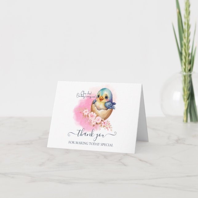 Cute Kawaii Egg Bird Elegant Floral Baby Shower Thank You Card (Front)