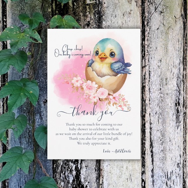 Cute Kawaii Egg Bird Elegant Floral Baby Shower Thank You Card (Creator Uploaded)