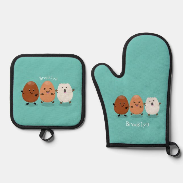 Cute kawaii eggs funny cartoon illustration oven mitt & pot holder set (Front)