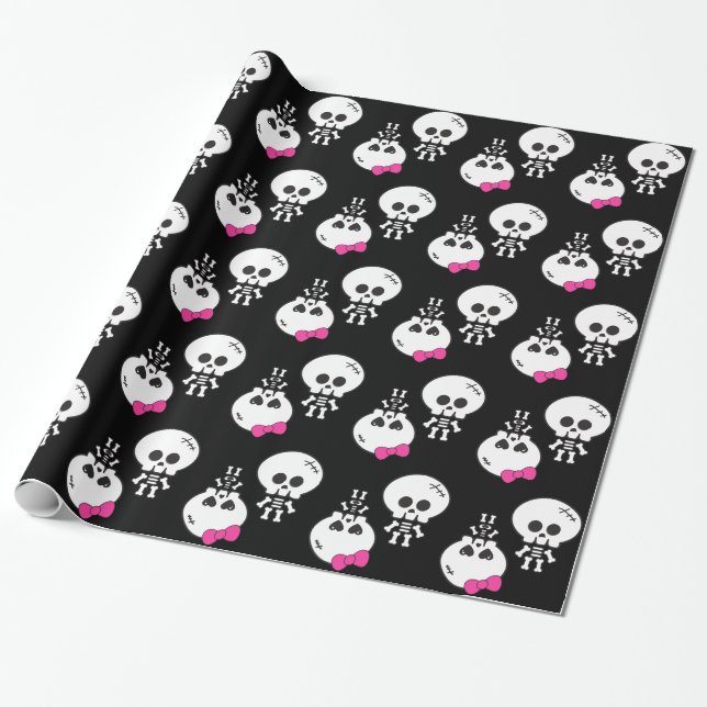 cute kawaii emo boy girl skeletons skullies wrapping paper (Unrolled)