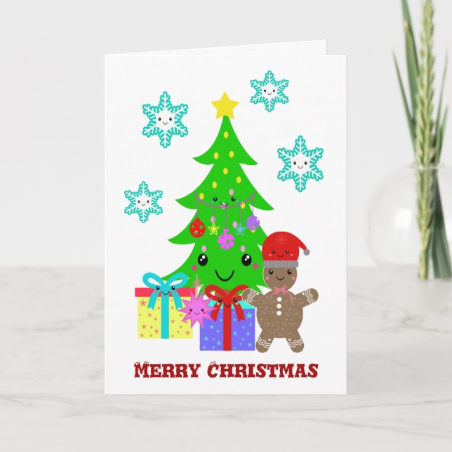 Cute Kawaii Face Christmas Tree Scene, ZSG Holiday Card (Front)