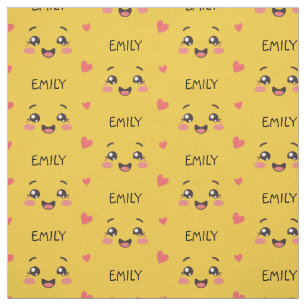 Cute Kawaii Face Custom Name Yellow Cotton Fabric