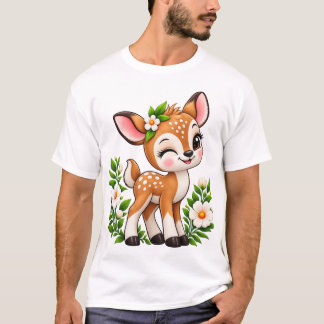 Cute Kawaii Fawn Floral Embroidery Style T-Shirt