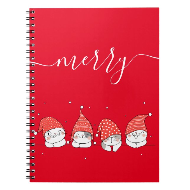Cute Kawaii Festive Cats On Red Background Custom  Notebook (Front)