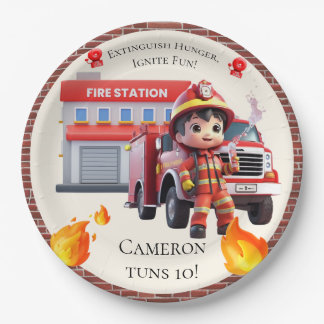 Cute Kawaii Firefighter Boy and Fire Truck Paper Plate