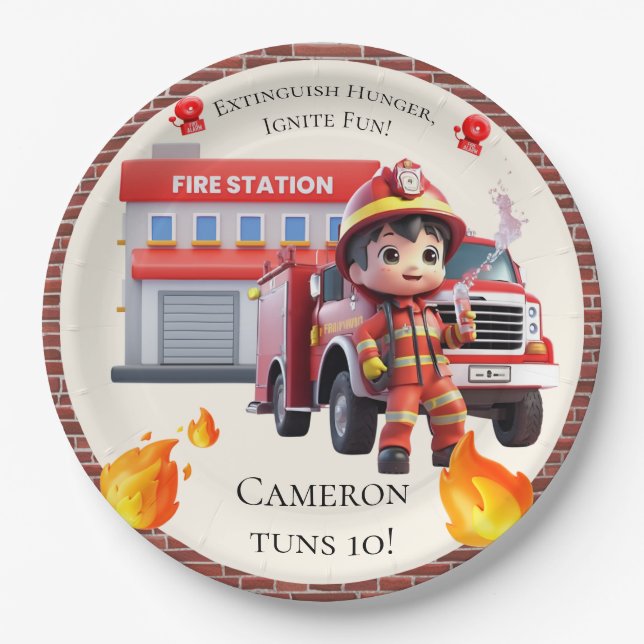 Cute Kawaii Firefighter Boy and Fire Truck Paper Plate (Front)