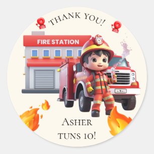 Cute Kawaii Firefighter Boy Fire Truck Thank You Classic Round Sticker