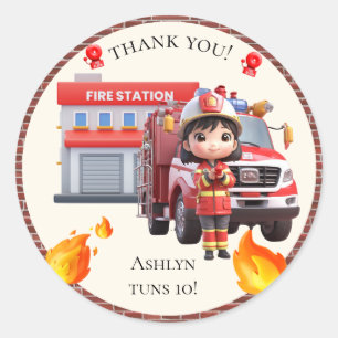 Cute Kawaii Firefighter Girl and Fire Truck Classic Round Sticker