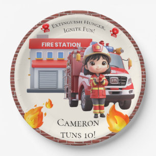 Cute Kawaii Firefighter Girl and Fire Truck Paper Plate