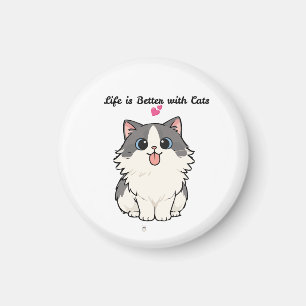 Cute Kawaii Fluffy Cat Chibi Cartoon Illustration Magnet