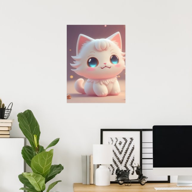 Cute Kawaii Fluffy White Cat Poster (Home Office)