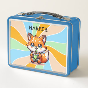 Cute Kawaii Fox with Bubble Tea Personalised Metal Lunch Box