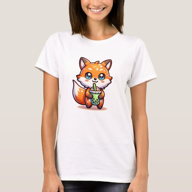 Cute Kawaii Fox with Bubble Tea Personalised T-Shirt (Front)