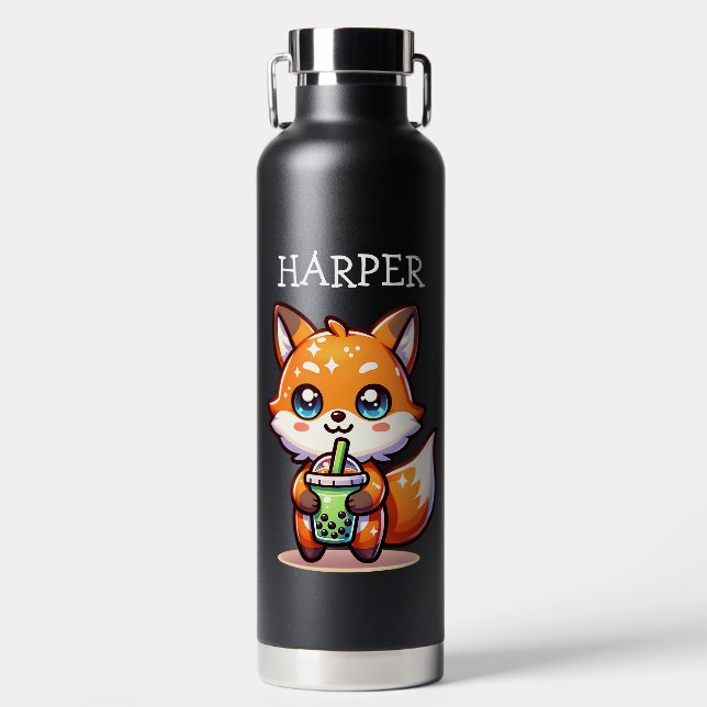 Cute Kawaii Fox with Bubble Tea Personalised Water Bottle (Front)