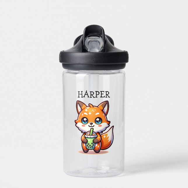 Cute Kawaii Fox with Bubble Tea Personalised Water Bottle (Front)