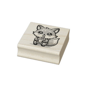 Cute Kawaii Fox with Bubble Tea   Rubber Stamp