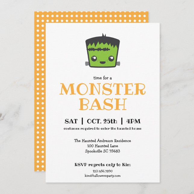 Cute Kawaii Frankenstein Monster Halloween Party Invitation (Front/Back)
