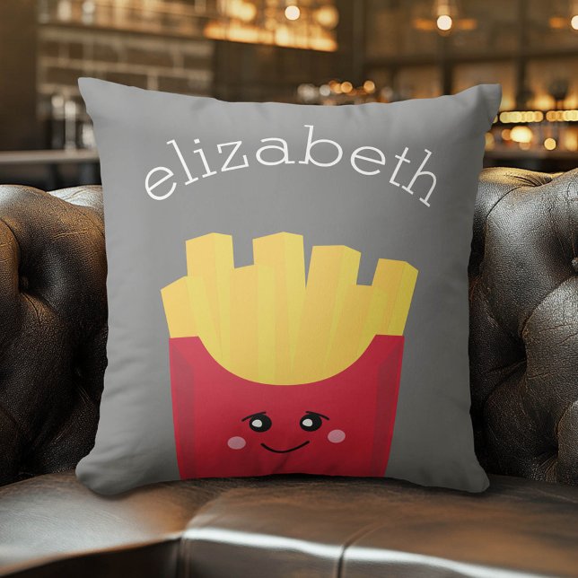 Cute Kawaii French Fries with Custom Name Cushion (Whimsical Custom Monogram Pillow)