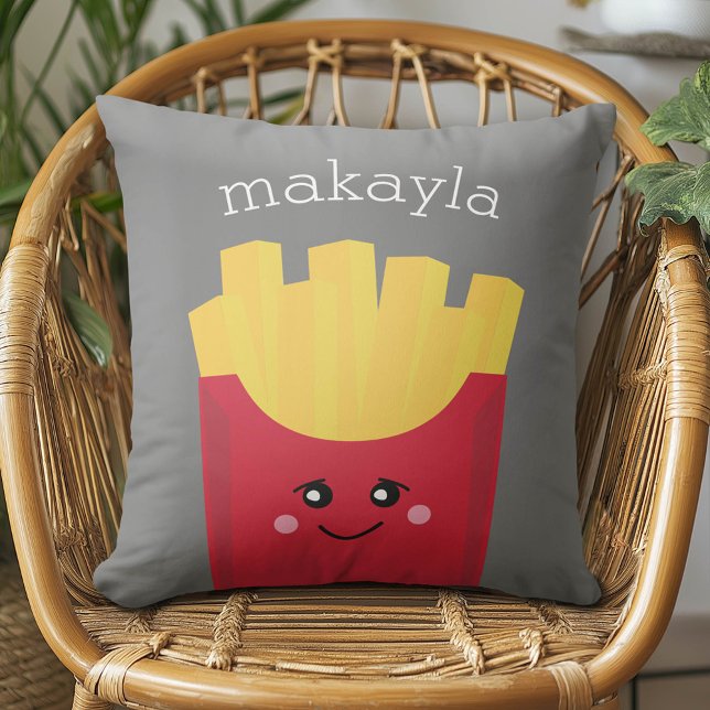 Cute Kawaii French Fries with Custom Name Cushion (Whimsical French Fries Pillow)