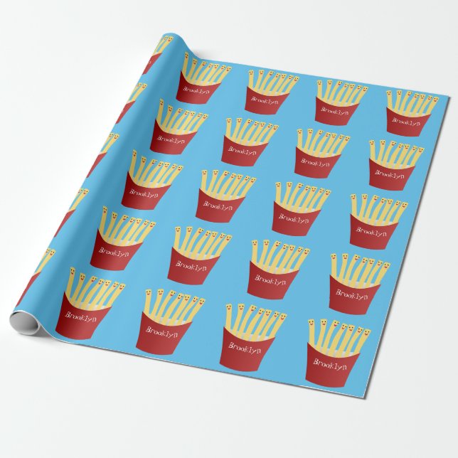 Cute kawaii fries fast food cartoon illustration wrapping paper (Unrolled)