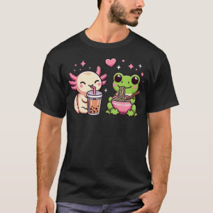 Cute Kawaii Frog and Axolotl Eating Ramen and Boba T-Shirt