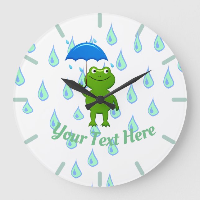 Cute Kawaii Frog and Rain Large Clock (Front)